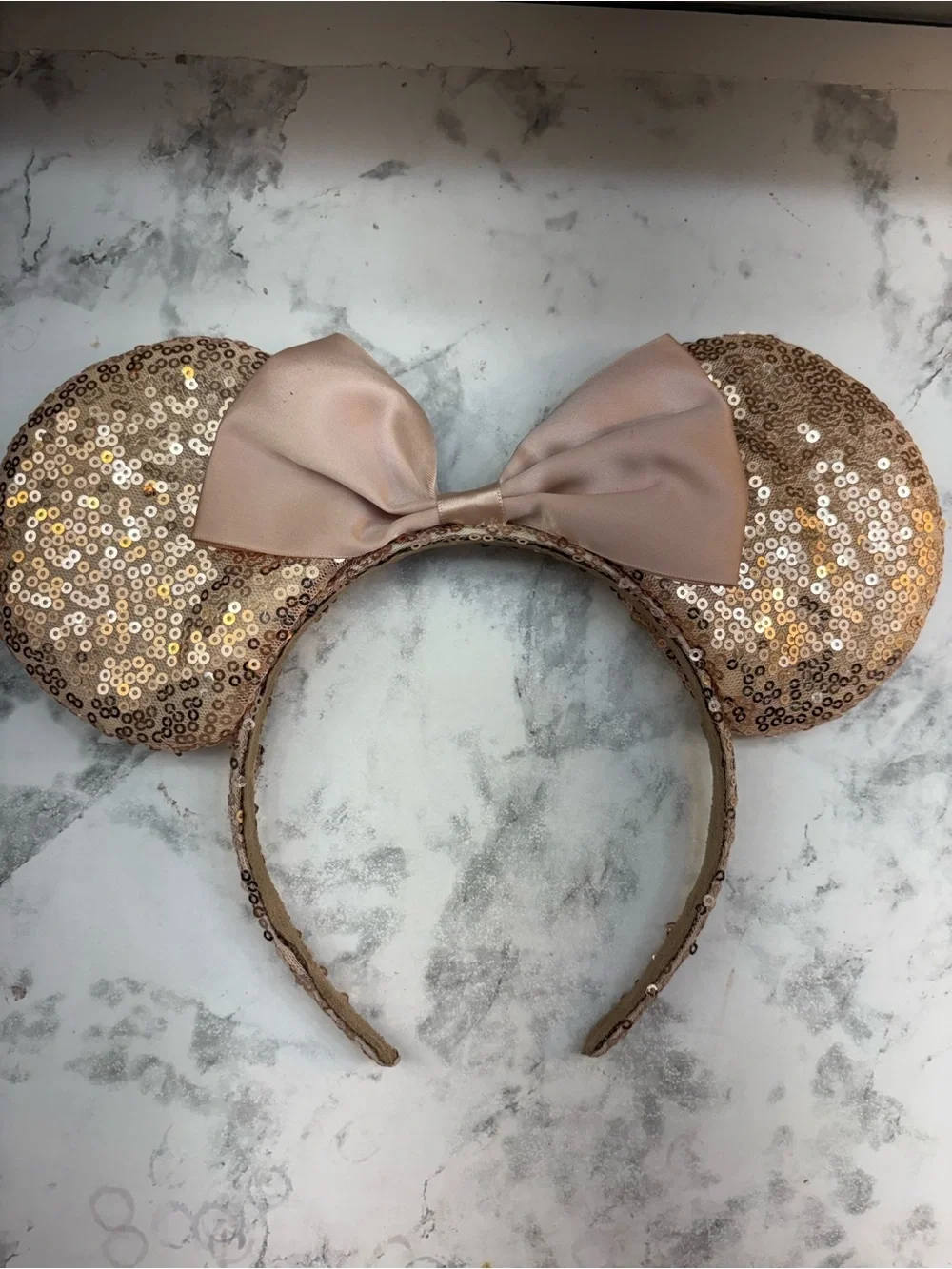 Sequin Minnie Ear Headband with Satin Bow - Rose Gold